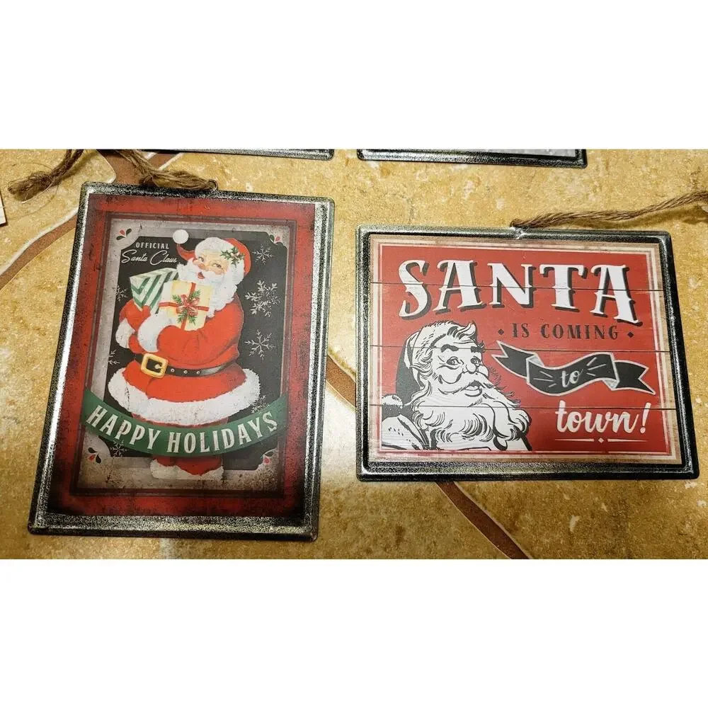 New HOLIDAY TIME Set of 4 Ornaments Tin Vintage Look Rudolph Frosty Santa 5.75